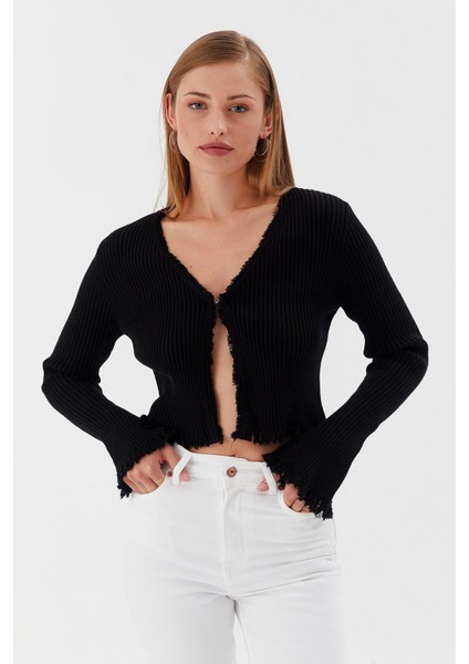 Saçaklı Triko Hırka Bluz Sıyah fiyatları