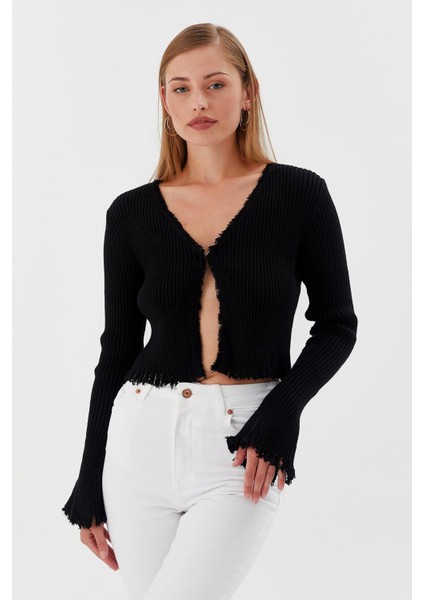 Saçaklı Triko Hırka Bluz Sıyah modelleri