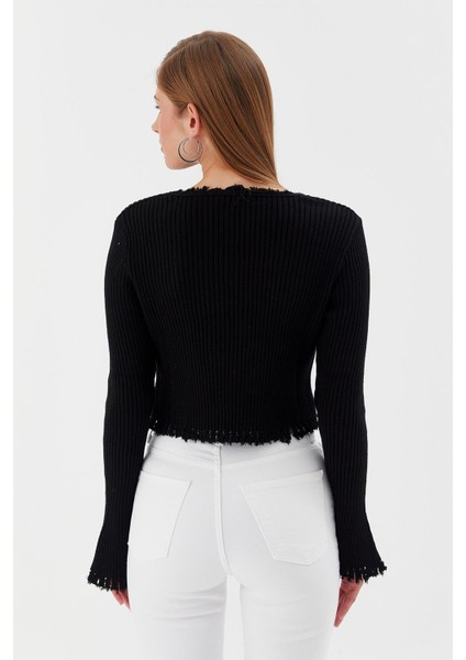 Saçaklı Triko Hırka Bluz Sıyah indirimleri