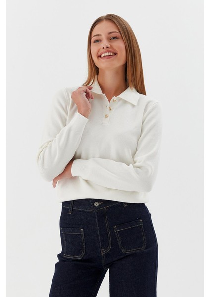 Polo Yaka Yumuşak Kazak Krem