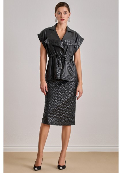 Diz Altı Siyah Deri Etek