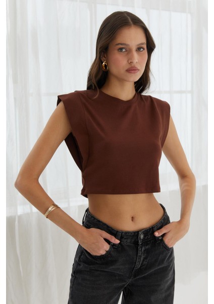 Omzu Vatkalı Crop Bluz Kahve
