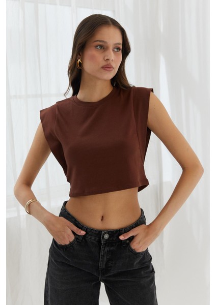 Omzu Vatkalı Crop Bluz Kahve modelleri