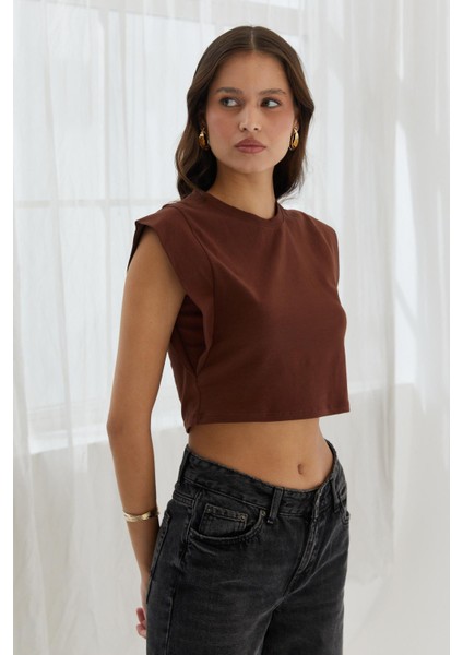 Omzu Vatkalı Crop Bluz Kahve fırsatları