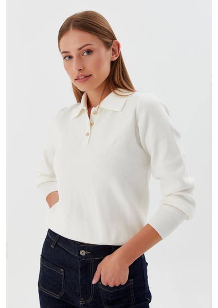 Polo Yaka Yumuşak Kazak Krem fiyatları