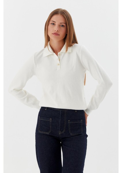 Polo Yaka Yumuşak Kazak Krem modelleri