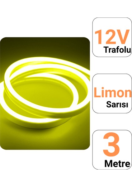 12V 3 Metre Limon Sarısı Neon Led Şerit Işık | Prize Tak Çalıştır | Anahtarlı Fişli 1.5M Kablo | Esnek Silikonlu Led fiyatları