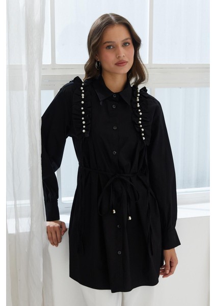 Omzu Fırfırlı Beli Ipli Tunik Gömlek Sıyah