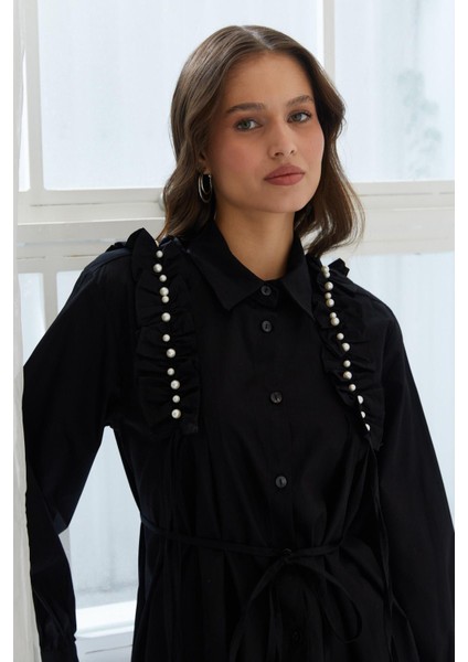 Omzu Fırfırlı Beli Ipli Tunik Gömlek Sıyah fiyatları