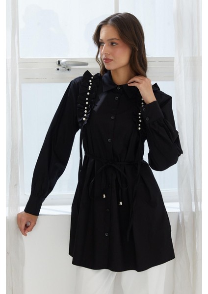 Omzu Fırfırlı Beli Ipli Tunik Gömlek Sıyah modelleri