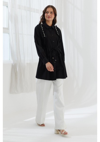 Omzu Fırfırlı Beli Ipli Tunik Gömlek Sıyah fırsatları