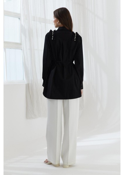 Omzu Fırfırlı Beli Ipli Tunik Gömlek Sıyah indirimleri