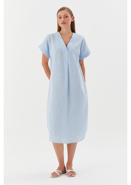 Oversize Keten Elbise Mavı