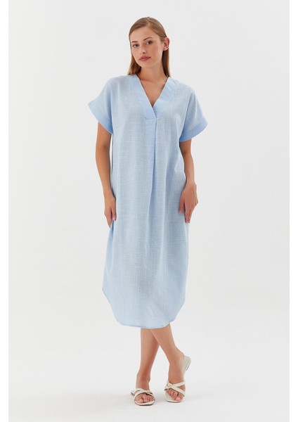 Oversize Keten Elbise Mavı fiyatları