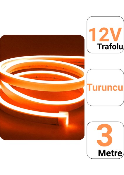 12V 3 Metre Turuncu Neon Led Şerit Işık | Prize Tak Çalıştır | Anahtarlı Fişli 1.5M Kablo | Esnek Silikonlu Led modelleri