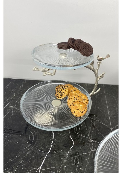 2 Katlı Cam ve Metal Kurabiyelik Sunumluk – 16 ve 21 cm Çaplı, 3 Parça Gümüş Renkli Servis Seti modelleri