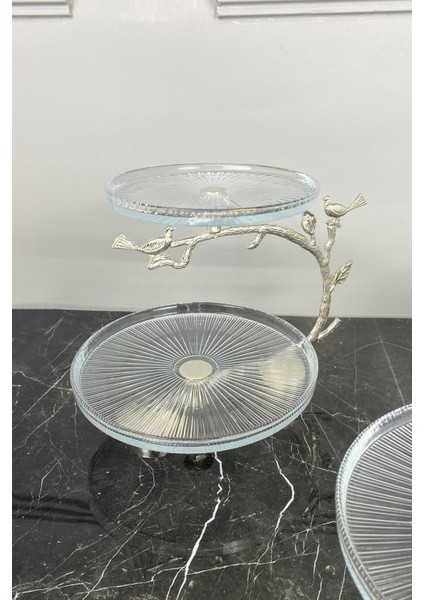 2 Katlı Cam ve Metal Kurabiyelik Sunumluk – 16 ve 21 cm Çaplı, 3 Parça Gümüş Renkli Servis Seti fırsatları