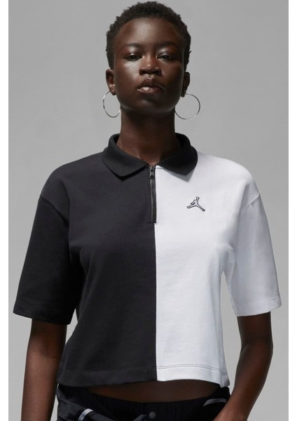 Jordan Flight Loose Fit 1/4 Zip T-Shirt Kadın 1/4 Fermuar Gömlek Yakalı Bol Kalıp Kısa Tişört Siyah Beyaz