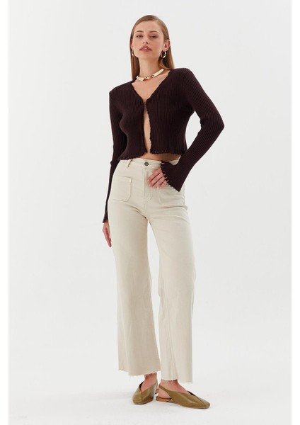 Saçaklı Triko Hırka Bluz Kahve