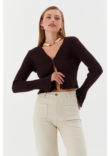 Saçaklı Triko Hırka Bluz Kahve fiyatları