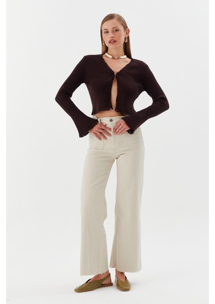 Saçaklı Triko Hırka Bluz Kahve modelleri