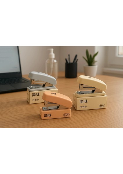 3 Lü Mini Tel Zımba Makinesi ve Zımba Teli Hediyeli Zımba Seti Krem Mavi Pembe