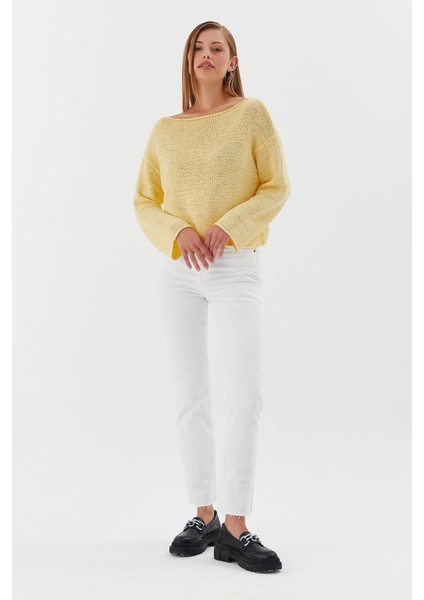 Kayık Yaka Oversize Ince Triko Kazak Sarı