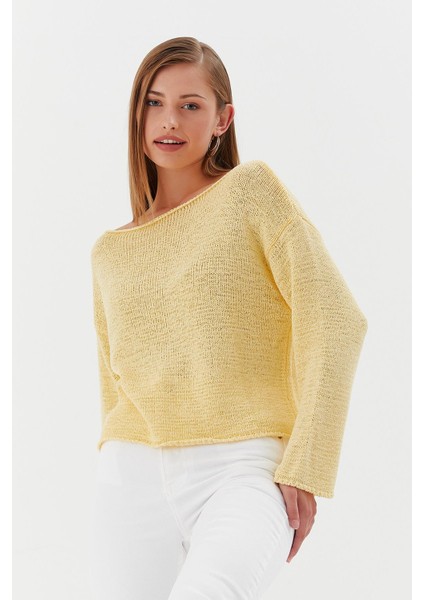 Kayık Yaka Oversize Ince Triko Kazak Sarı fiyatları