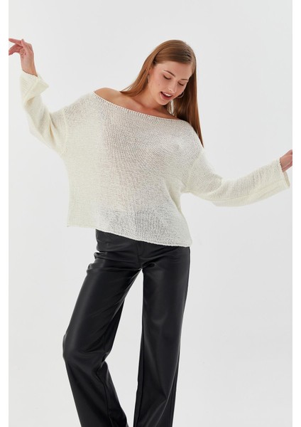 Kayık Yaka Oversize Ince Triko Kazak Ekru