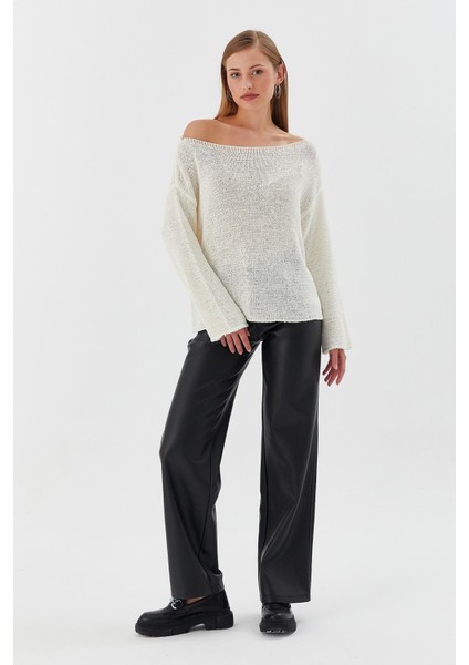 Kayık Yaka Oversize Ince Triko Kazak Ekru modelleri