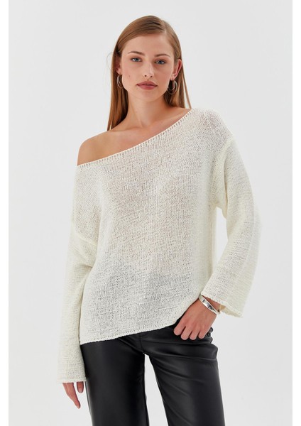 Kayık Yaka Oversize Ince Triko Kazak Ekru indirimleri