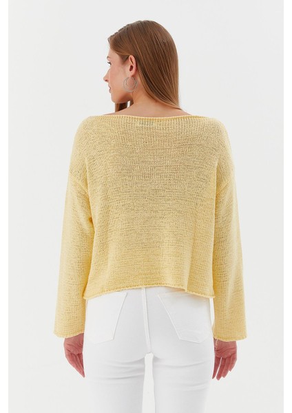 Kayık Yaka Oversize Ince Triko Kazak Sarı indirimleri