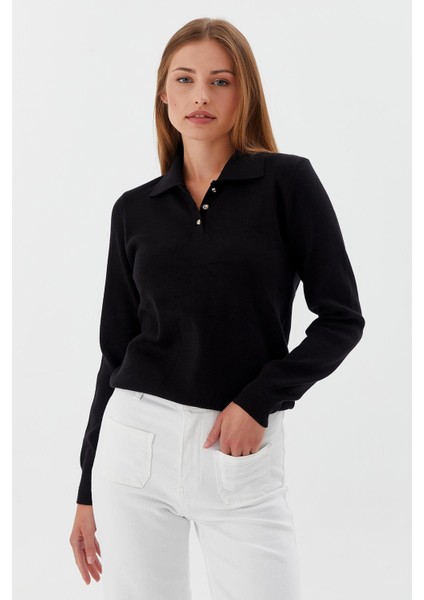 Polo Yaka Yumuşak Kazak Sıyah