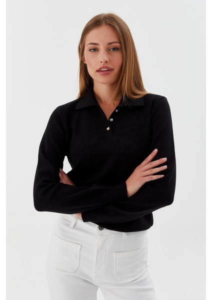 Polo Yaka Yumuşak Kazak Sıyah fiyatları