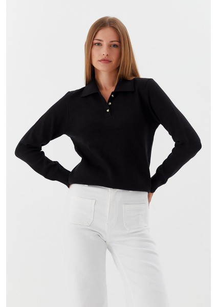 Polo Yaka Yumuşak Kazak Sıyah modelleri