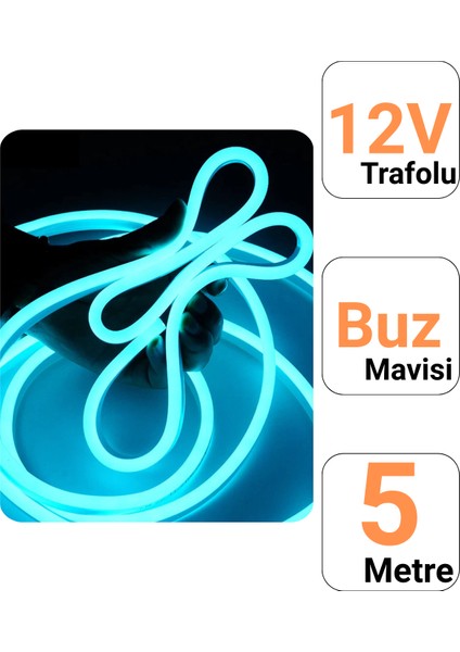 12V 5 Metre Buz Mavisi Neon Led Şerit Işık | Prize Tak Çalıştır | Anahtarlı Fişli 1.5M Kablo | Esnek Silikonlu Led fiyatları