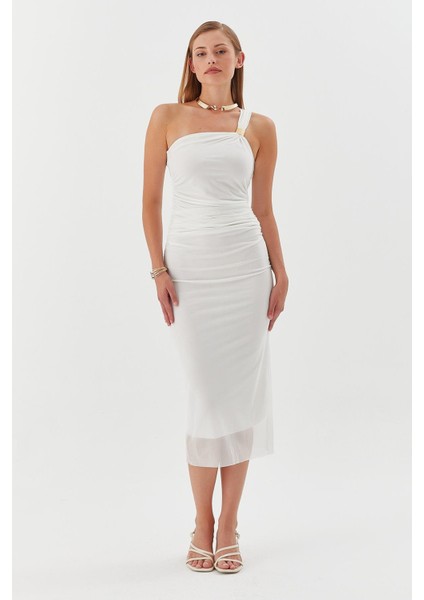 Tek Askılı Tokalı Midi Tül Elbise Beyaz