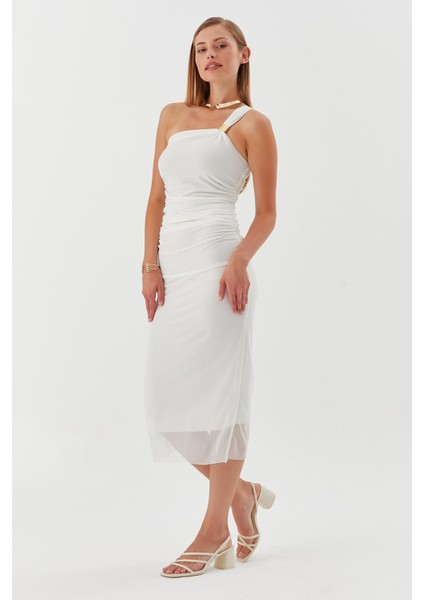 Tek Askılı Tokalı Midi Tül Elbise Beyaz fırsatları