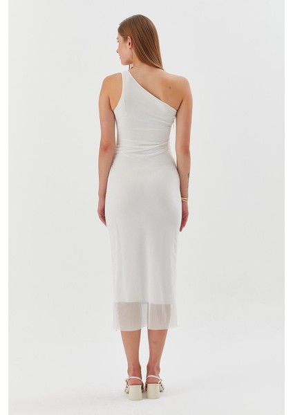 Tek Askılı Tokalı Midi Tül Elbise Beyaz indirimleri