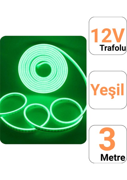 12V 3 Metre Yeşil Neon Led Şerit Işık | Prize Tak Çalıştır | Anahtarlı Fişli 1.5M Kablo | Esnek Silikonlu Led fırsatları