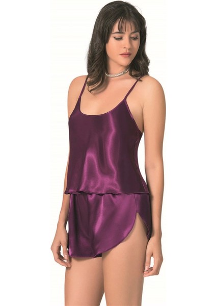 - Mor Saten Babydoll Şort Takımı