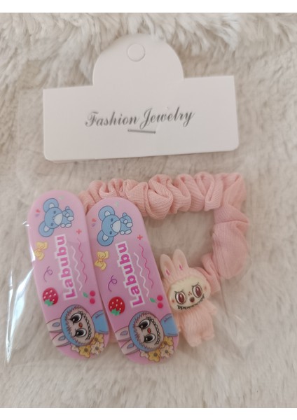 Labubu Figürlü 1 Adet Düz Şeritli Lastik,2 Adet Çıt Çıt Çocuk,bebek Set Toka