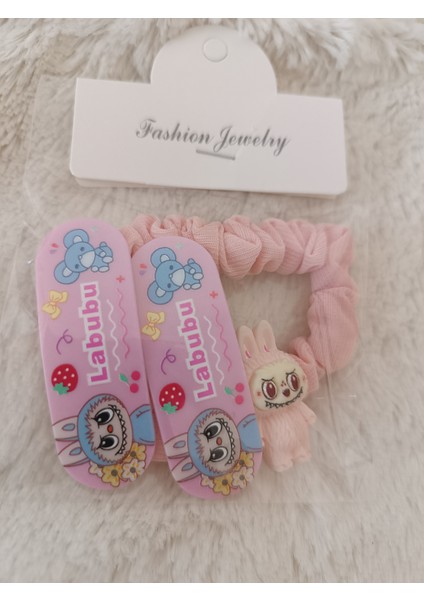 Labubu Figürlü 1 Adet Düz Şeritli Lastik,2 Adet Çıt Çıt Çocuk,bebek Set Toka modelleri