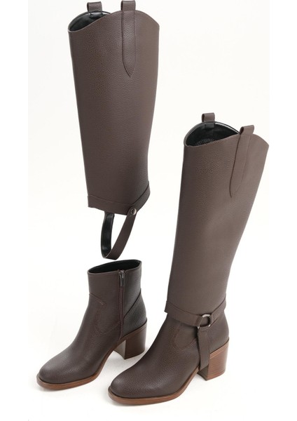 Kahverengi Ikisi Bir Arada Tak Çıkar Özellikli Kalın Topuklu Çizme/bot