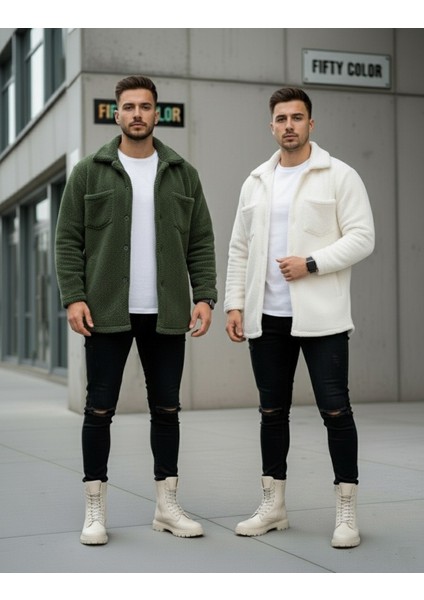 2'li Erkek Düğmeli Slim Fit Peluş Ceket - Kışlık Polar Shacket Trend Model