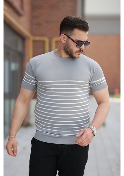 Erkek Çizgi Desenli Bisiklet Yaka Kısa Kollu T-Sihrt