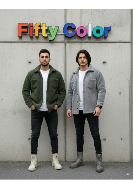 2'li Erkek Düğmeli Slim Fit Peluş Ceket - Kışlık Polar Shacket Trend Model