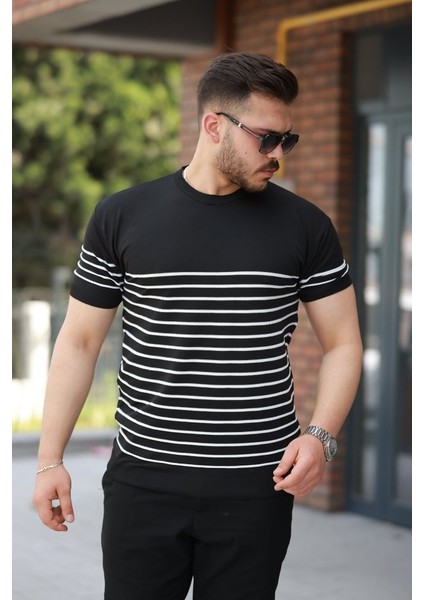 Erkek Çizgi Desenli Bisiklet Yaka Kısa Kollu T-Sihrt
