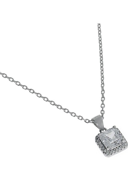 Kadın Kare Tek Taş Gümüş Kolye