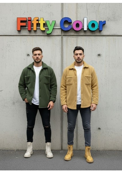 2'li Erkek Düğmeli Slim Fit Peluş Ceket - Kışlık Polar Shacket Trend Model